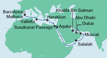 Route: Von Barcelona nach Dubai mit AIDAprima