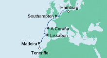 Route: Jungfernfahrt von Hamburg nach Teneriffa mit AIDAnova