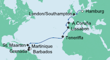 Route: Von Hamburg nach Barbados mit AIDAperla