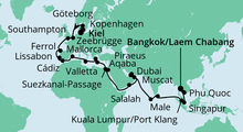 Route: Weltenbummler von Kiel nach Bangkok mit AIDAbella