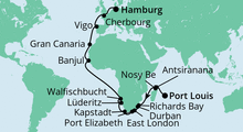 Route: Von Mauritius nach Hamburg mit AIDAaura