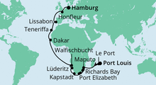 Route: Von Mauritius nach Hamburg mit AIDAaura
