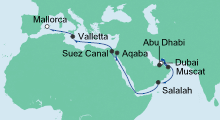 Route: Von Dubai nach Mallorca mit AIDAprima