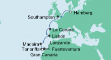 Route: Jungfernfahrt von Hamburg nach Gran Canaria mit AIDAnova