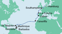 Route: Von Hamburg nach Barbados mit AIDAperla