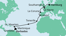 Route: Von Hamburg nach Barbados 1 mit AIDAperla