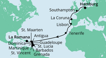 Route: Von Hamburg in die Dom. Republik mit AIDAperla