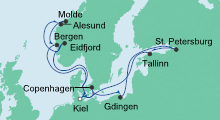 Route: Norwegens Fjorde & Ostsee mit AIDAbella