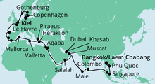 Route: Weltenbummler von Kiel nach Bangkok mit AIDAbella