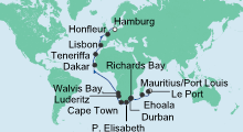 Route: Von Mauritius nach Hamburg mit AIDAaura