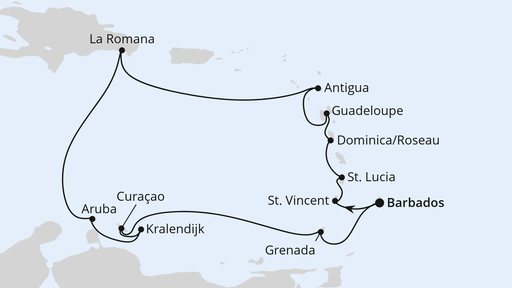 Routenkarte der Kreuzfahrt Karibische Inseln ab Barbados