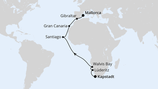 Routenverlauf Von Kapstadt über Namibia nach Mallorca