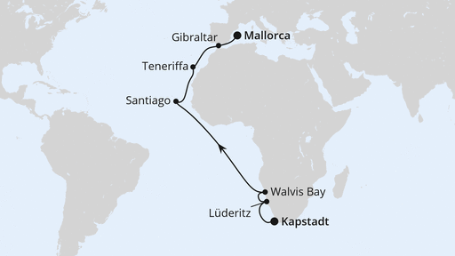 Routenverlauf Von Kapstadt über Namibia nach Mallorca