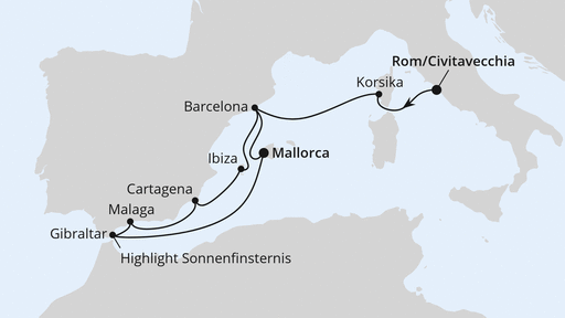 Routenverlauf Sonnenfinsternis im Mittelmeer ab Civitavecchia