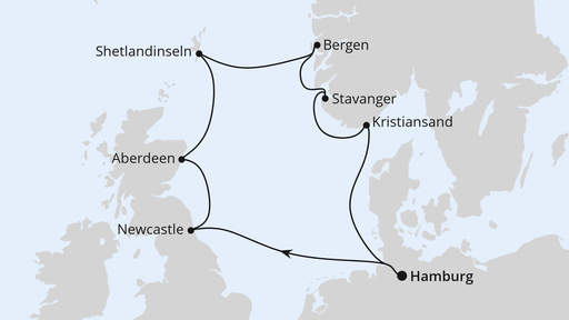 Die Routenkarte der Kreuzfahrt Großbritannien & Norwegen