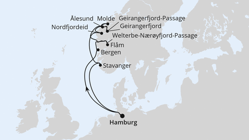 Routenverlauf Norwegens Fjord-Weltnaturerbe ab Hamburg 1