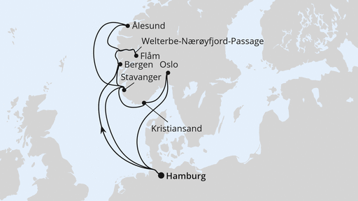 Routenverlauf Große Norwegen-Reise ab Hamburg