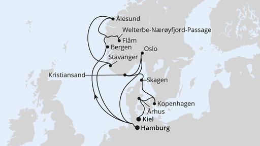 Routenverlauf Groﬂe Skandinavien-Reise von Hamburg nach Kiel