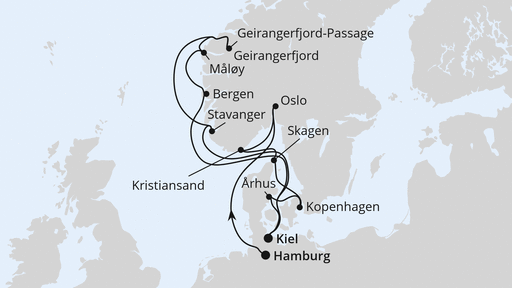 Routenverlauf Große Skandinavien-Reise von Hamburg nach Kiel