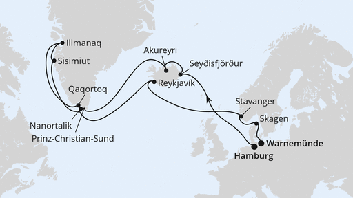 Routenverlauf Island & Grönland von Hamburg nach Warnemünde