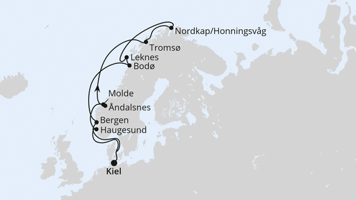 Routenverlauf Norwegen mit Lofoten & Nordkap ab Kiel