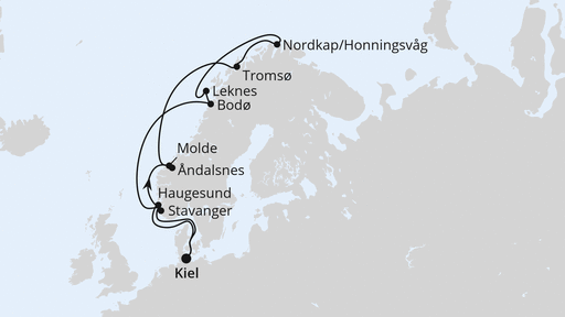 Routenverlauf Norwegen mit Lofoten & Nordkap ab Kiel
