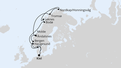 Routenverlauf Norwegen mit Lofoten & Nordkap ab Kiel