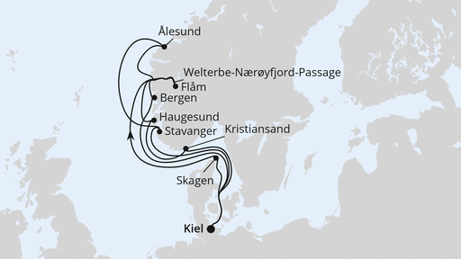 Routenverlauf Große Norwegen-Reise ab Kiel