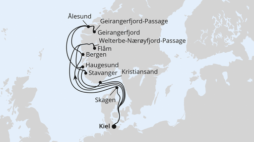Routenverlauf Große Norwegen-Reise ab Kiel