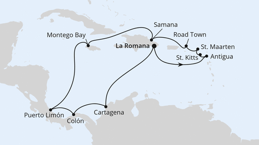 Routenkarte der Kreuzfahrt Karibik & Mittelamerika ab Dominikanische Republik