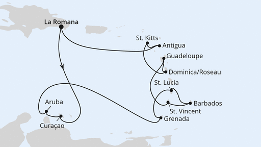 Routenkarte der Kreuzfahrt Karibische Inseln ab Dominikanische Republik