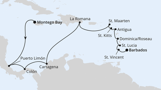Routenkarte der Kreuzfahrt Mittelamerika & Karibik ab Jamaika