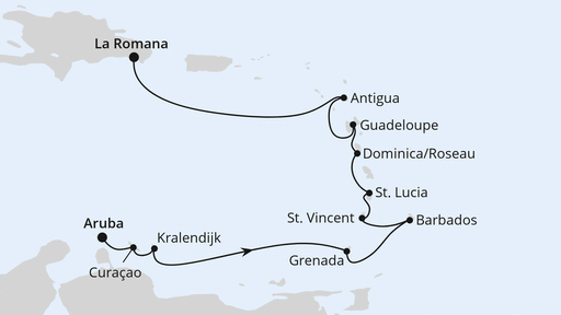 Routenverlauf Feiertagsreise Karibische Inseln ab Aruba