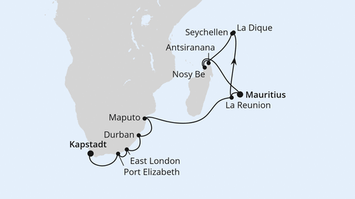 Routenverlauf Südafrika, Seychellen, Mauritius & Madagaskar 1