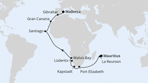 Routenverlauf Von Mauritius über Afrika nach Mallorca