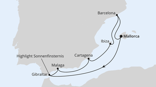 Routenverlauf Sonnenfinsternis im Mittelmeer ab Mallorca
