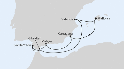 Routenverlauf Silvesterreise nach Spanien & Gibraltar ab Mallorca