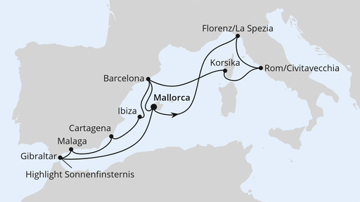 Routenverlauf Große Mittelmeer-Reise mit Sonnenfinsternis 1