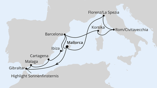 Routenverlauf Große Mittelmeer-Reise mit Sonnenfinsternis 2