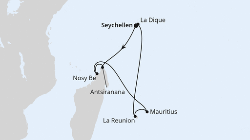 Routenverlauf Mauritius, Seychellen & Madagaskar 2