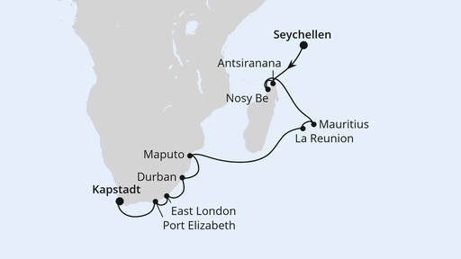 Routenverlauf Silvesterreise Seychellen, Mauritius & Südafrika