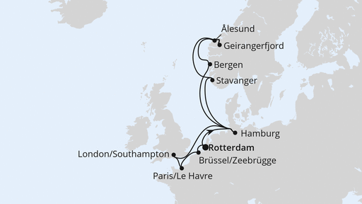 Die Routenkarte der Kreuzfahrt Metropolen & Norwegen ab Rotterdam