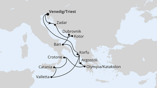 Die Routenkarte der Kreuzfahrt Adria & Mittelmeerinseln ab Triest