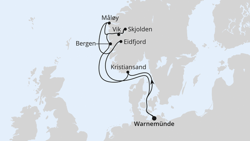 Routenverlauf Norwegens Fjorde ab Warnemünde 1