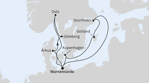 Die Routenkarte der Kreuzfahrt Skandinavien ab Warnemünde 1