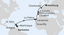 Route: Von Barbados nach Hamburg mit AIDAperla