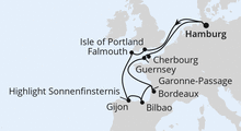 Route: Ärmelkanal & Golf von Biskaya mit Sonnenfinsternis mit AIDAsol