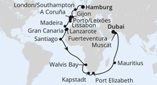 Route: Weltenbummler Kanaren, Südafrika & Mauritius 2 mit AIDAprima