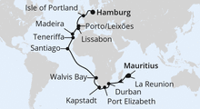 Route: Von Mauritius nach Hamburg mit AIDAsol