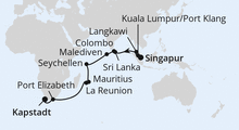 Route: Von Singapur über Mauritius nach Kapstadt mit AIDAstella